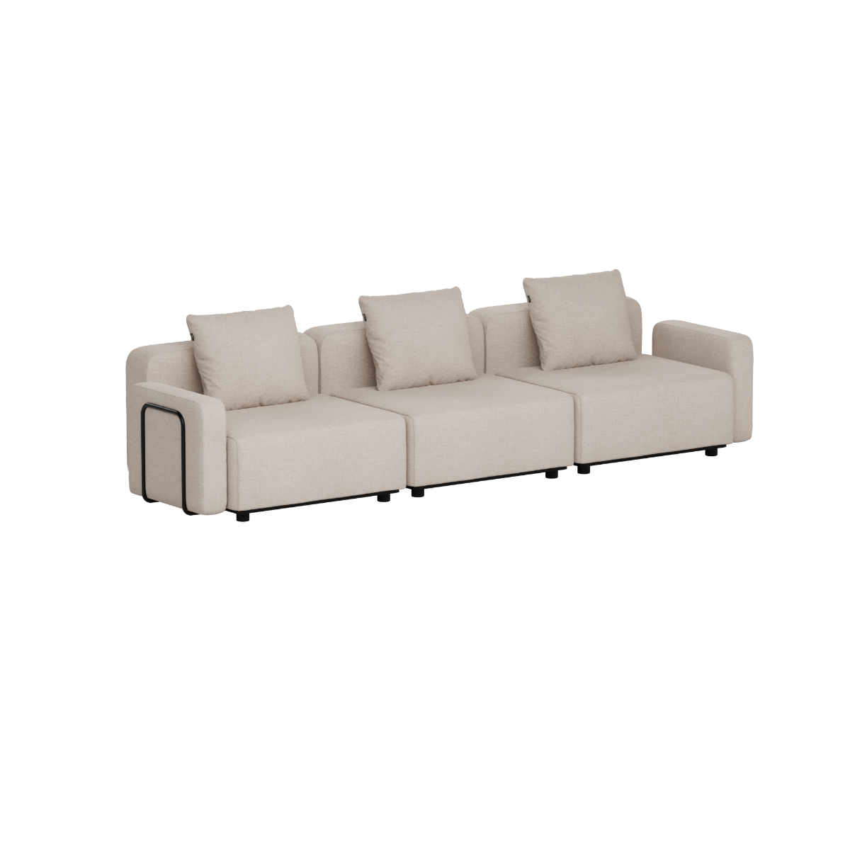 Beige three seat modular outdoor lounge sofa with three cushions and clean Scandinavian lines designed by sackit for Nordic gardens and terraces