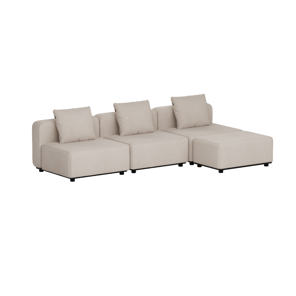Beige three seat modular outdoor sofa with three back cushions and clean Scandinavian lines from sackit designed in Denmark