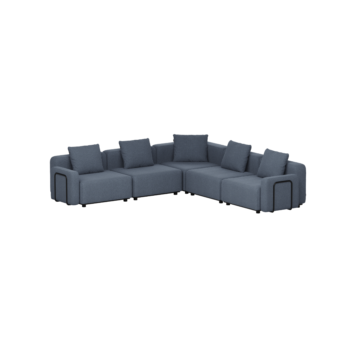 Five seat dark grey modular outdoor corner sofa with cushions by sackit designed in Denmark for comfortable lounging on terraces and gardens
