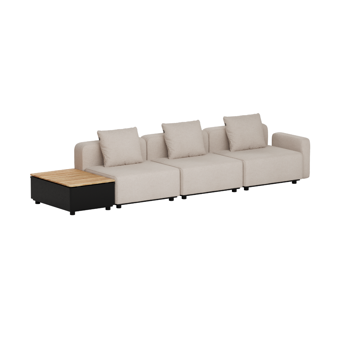 Three seat outdoor lounge sofa in light beige with cushions and a black patio storage table with teak lid by sackit
