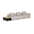 Three seat outdoor lounge sofa in light beige with cushions and a black patio storage table with teak lid by sackit