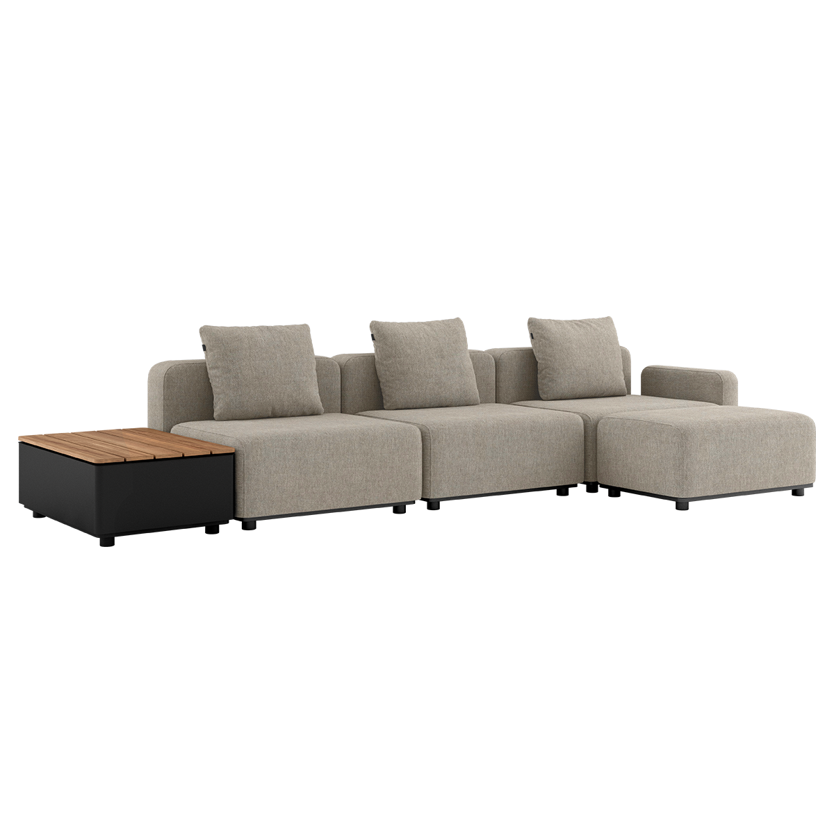 Kirra Sand Cobana Lounge Sofa 3-seater with armrest, patio storage table, and pouf in outdoor setting.