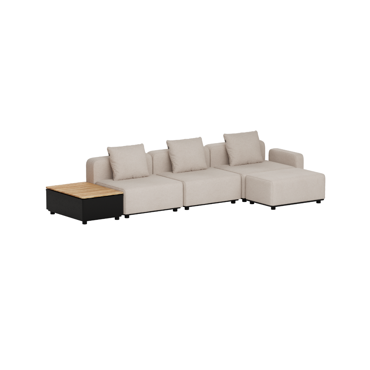 Three seat outdoor lounge sofa with modular cream cushions black frames and a teak patio storage table by sackit