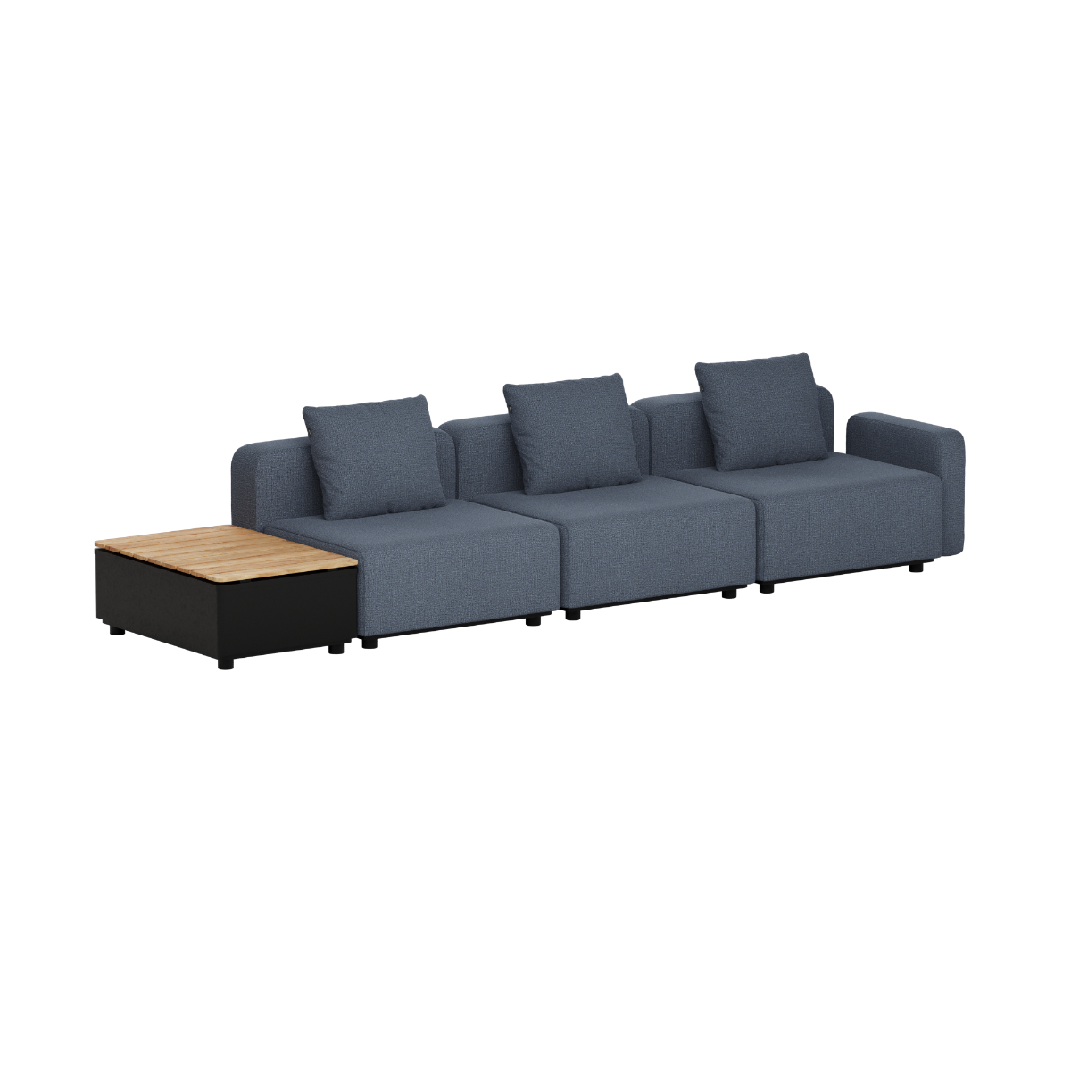 Dark gray modular outdoor sofa with three seats and cushions beside a teak patio storage table by sackit for Scandinavian gardens and terraces