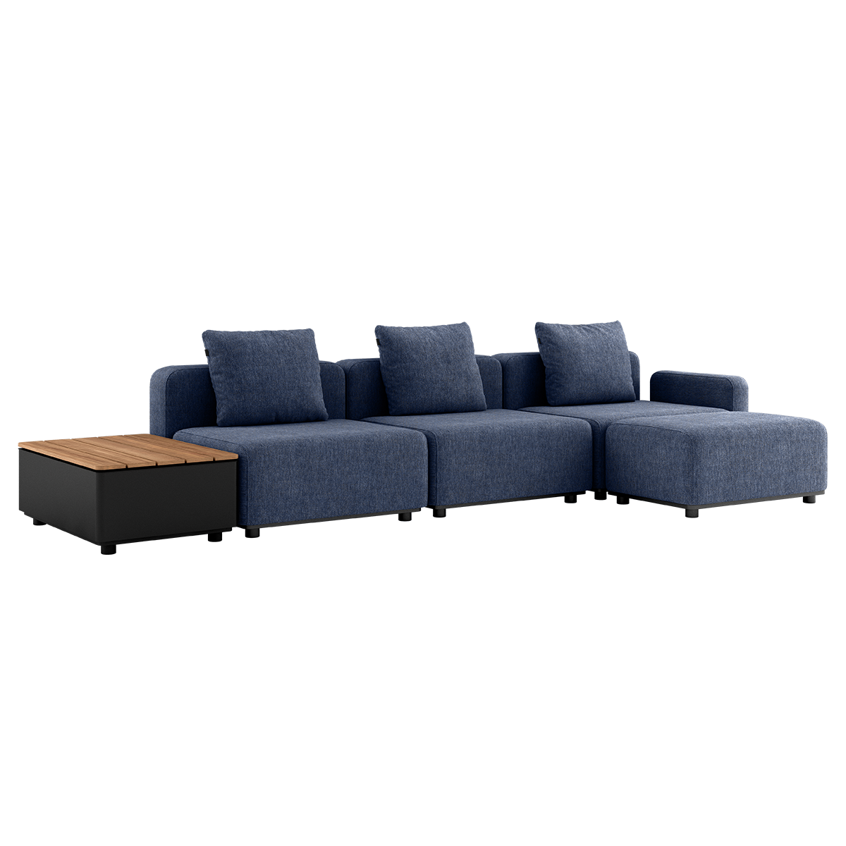 Kirra Indigo Cobana Lounge Sofa 3-seater with armrest, pouf, and patio storage table in outdoor setting