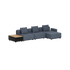 Dark gray modular outdoor lounge sofa with three cushioned seats and chaise section paired with a teak patio storage table by sackit