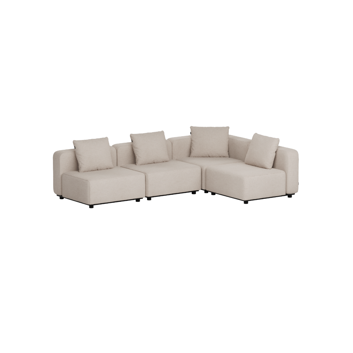 Beige four seater modular outdoor corner sofa with clean Scandinavian lines and five cushions by sackit for stylish garden and terrace lounging