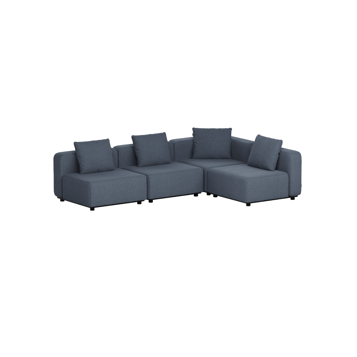 Dark gray modular four seat corner outdoor sofa with plush cushions and pillows designed in Denmark by sackit for comfortable garden and terrace seating