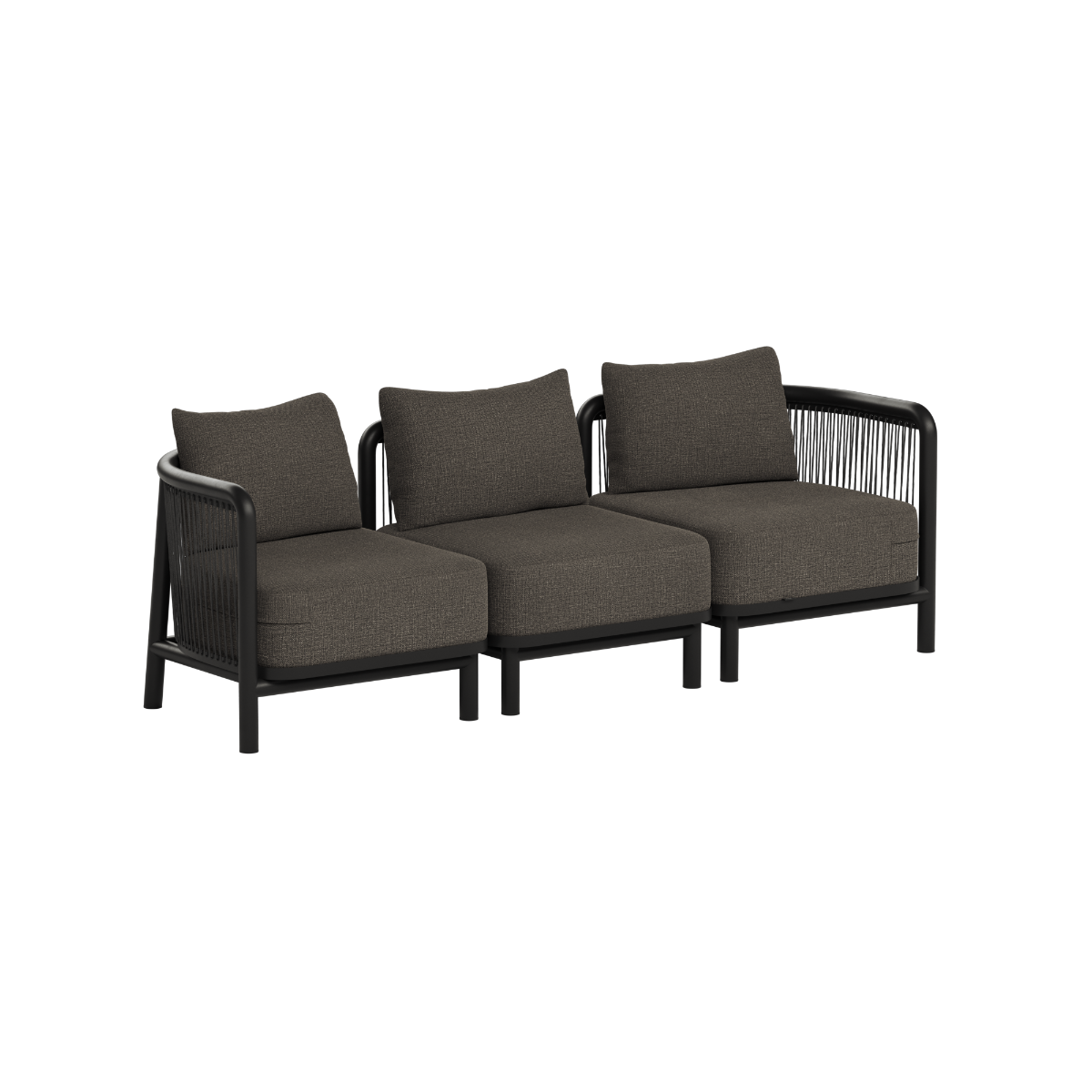 sackit three seat outdoor lounge sofa with dark gray cushions and black frame designed in Denmark for modern outdoor spaces