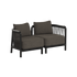 Dark two seat outdoor lounge sofa with woven sides and deep cushions designed in Denmark by sackit for modern and classic outdoor spaces