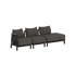 Dark three seat modular outdoor lounge sofa with an open end chaise and three back cushions designed in Denmark by sackit for modern Nordic outdoor living