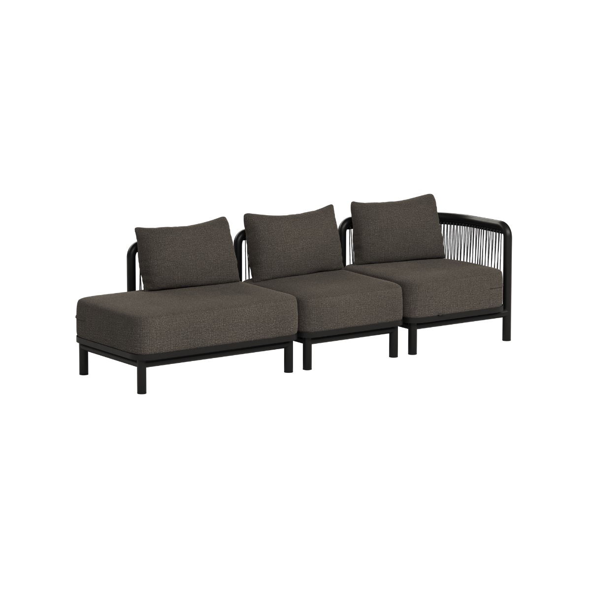 Dark three seat modular outdoor lounge sofa with an open end and cushioned seats designed in Denmark by sackit for modern outdoor spaces