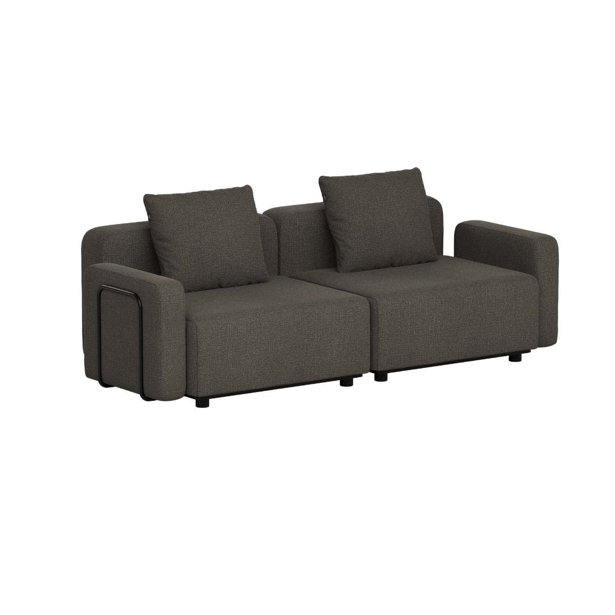Dark gray two seater modular outdoor lounge sofa with cushions and clean Scandinavian lines by sackit for terraces gardens and Nordic weather