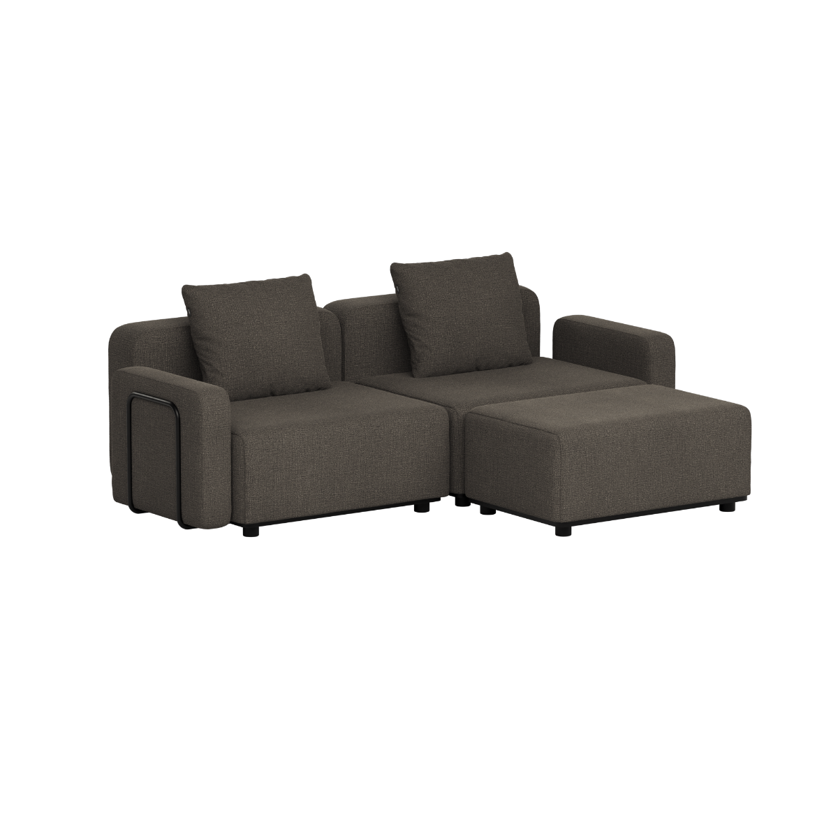 Dark gray modular outdoor lounge sofa with two seats and chaise in clean Scandinavian style designed in Denmark by sackit