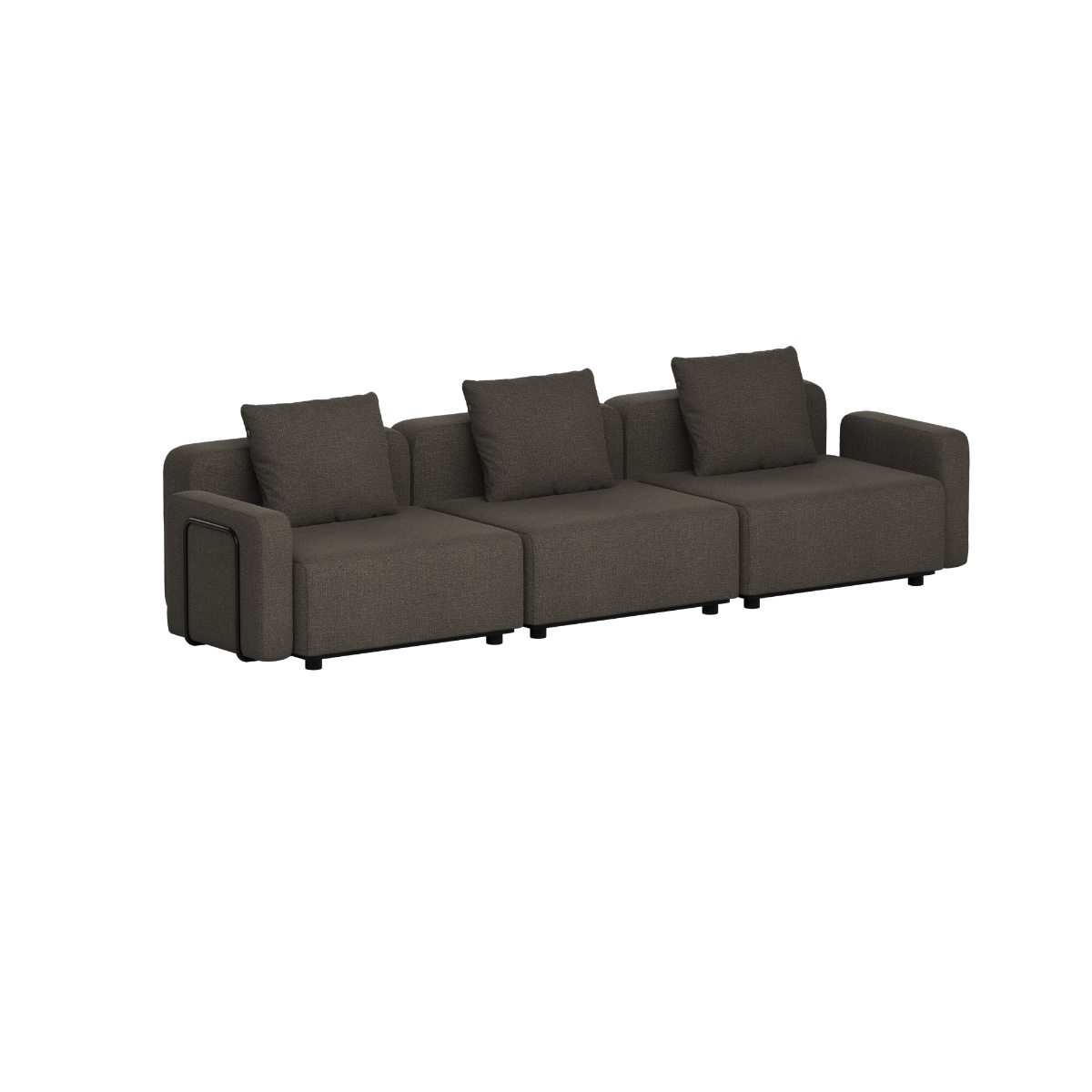 Dark gray three seat modular outdoor lounge sofa with three cushions and clean Scandinavian lines by sackit for stylish garden and terrace seating
