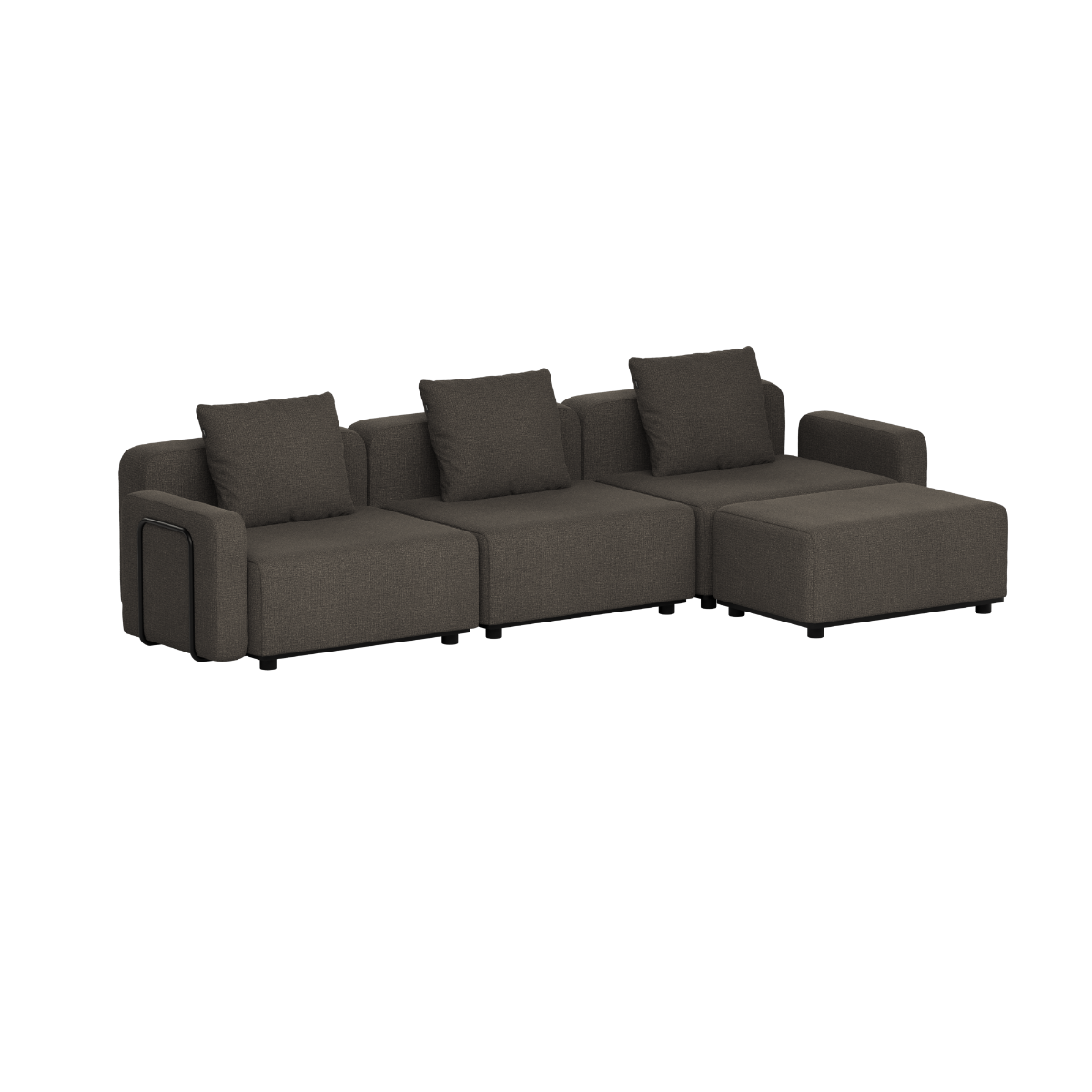 Dark gray modular outdoor lounge sofa with three seat sections and plush back cushions shown on a black background from sackit
