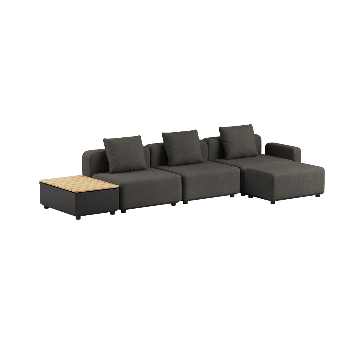 Black Kirra Noir Cobana Lounge Sofa 3-seater with armrest, pouf, and patio storage table outdoors