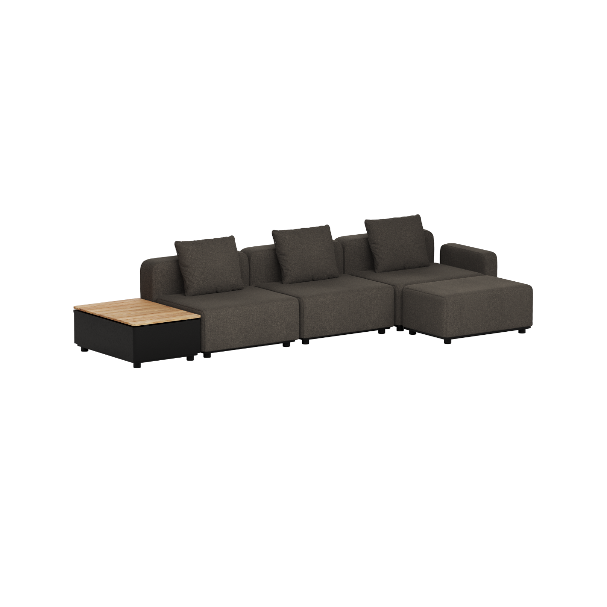 Modular dark grey outdoor lounge sofa with plush cushions and a teak patio storage table by sackit for Scandinavian garden seating