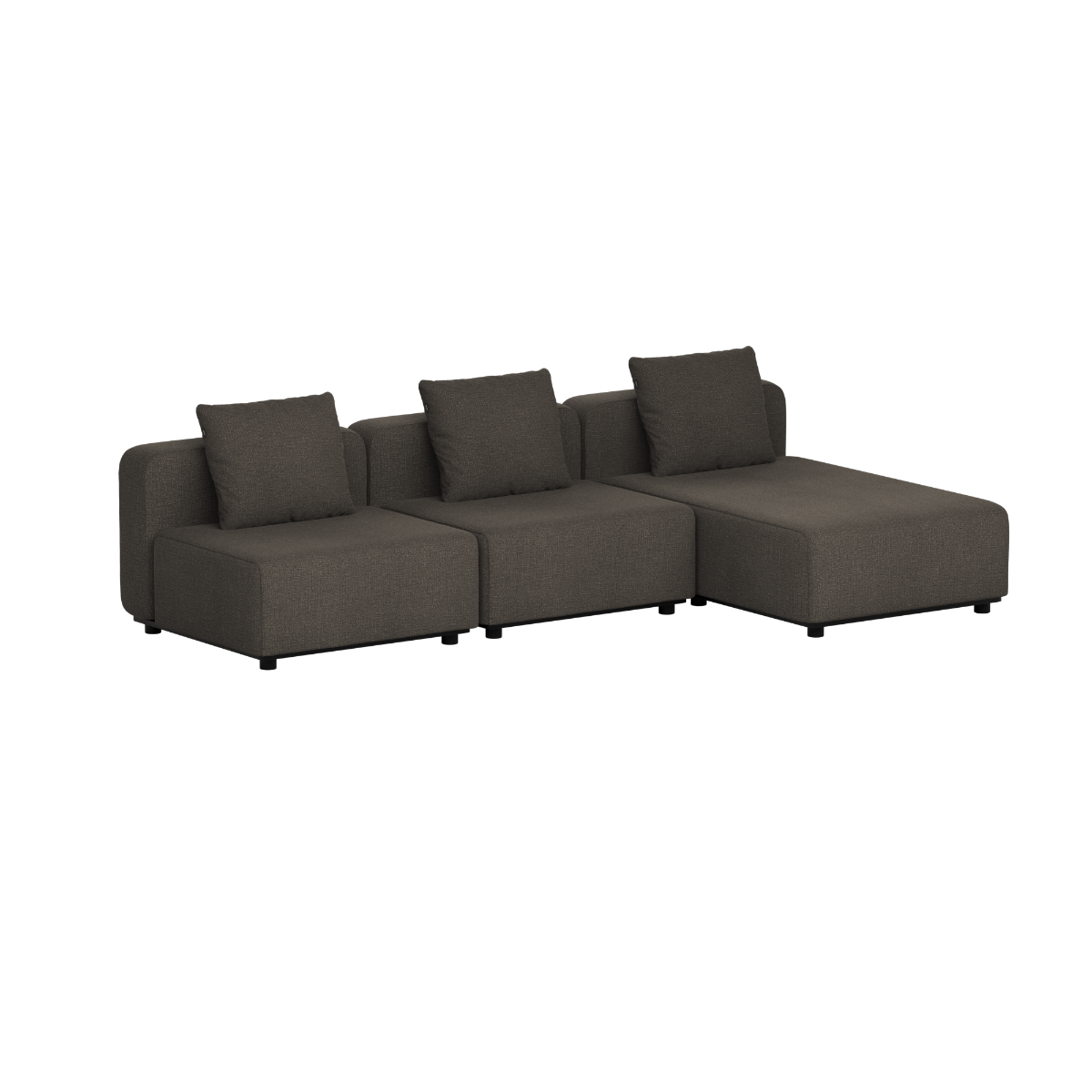 Dark gray modular outdoor chaise sofa with three seat sections and cushions by sackit designed in Denmark for Scandinavian gardens and terraces