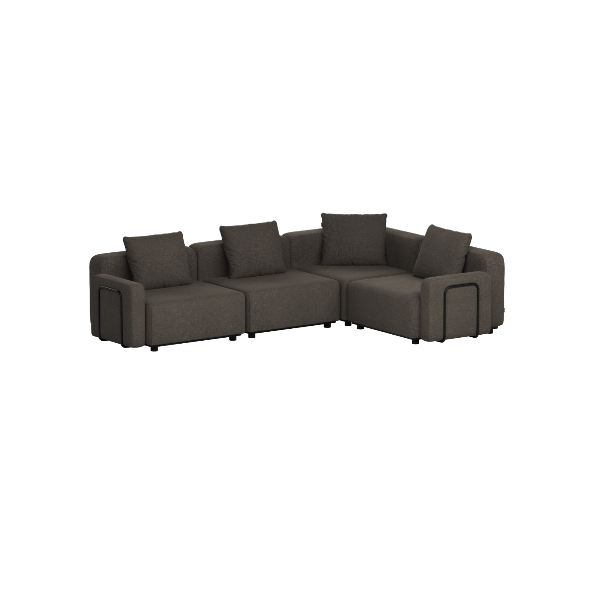 Dark gray modular outdoor corner sofa with clean Scandinavian lines and deep cushions designed in Denmark by sackit for weather resistant comfort