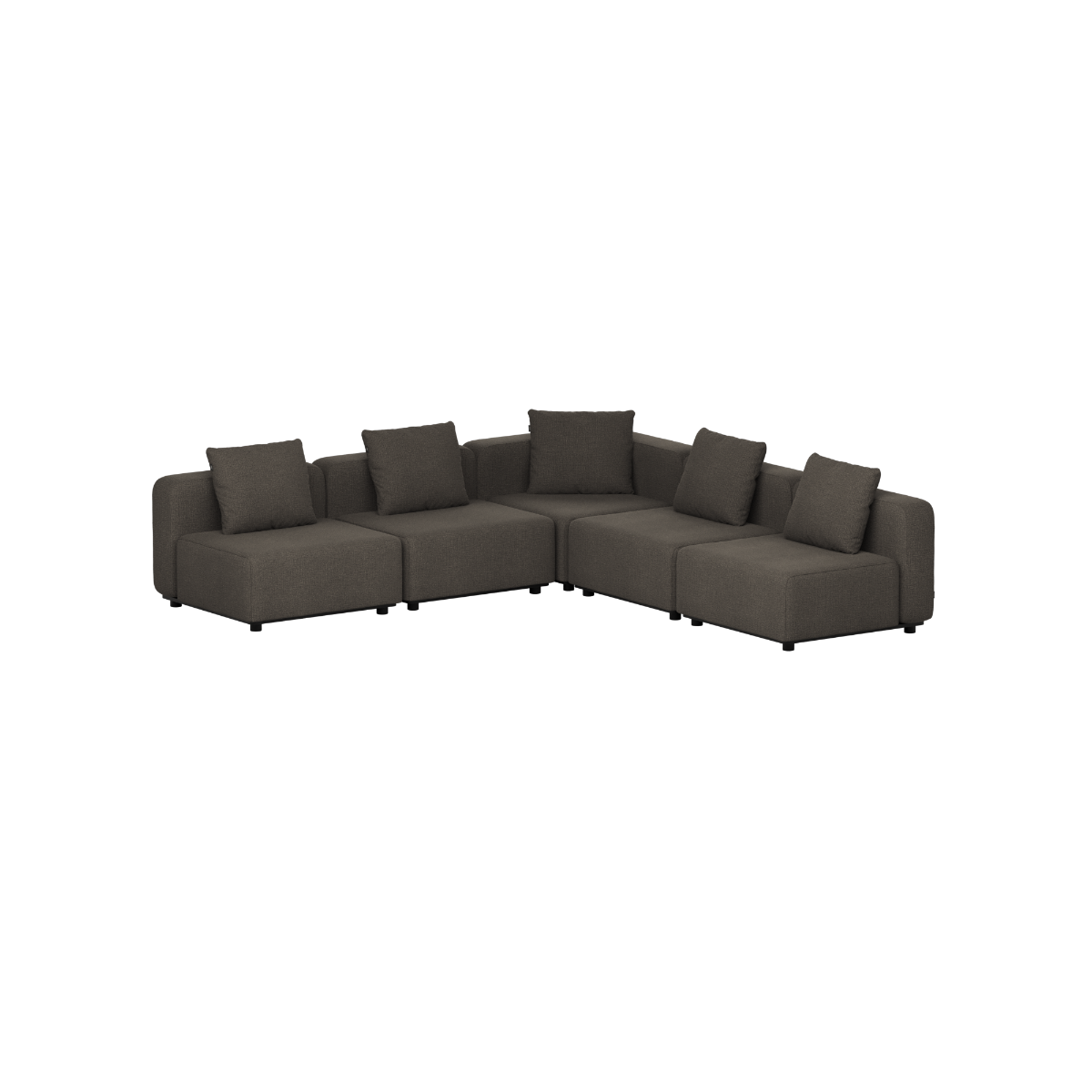 sackit Cobana five seat modular outdoor corner sofa in dark gray with cushions and clean Scandinavian lines for terraces gardens and Nordic weather