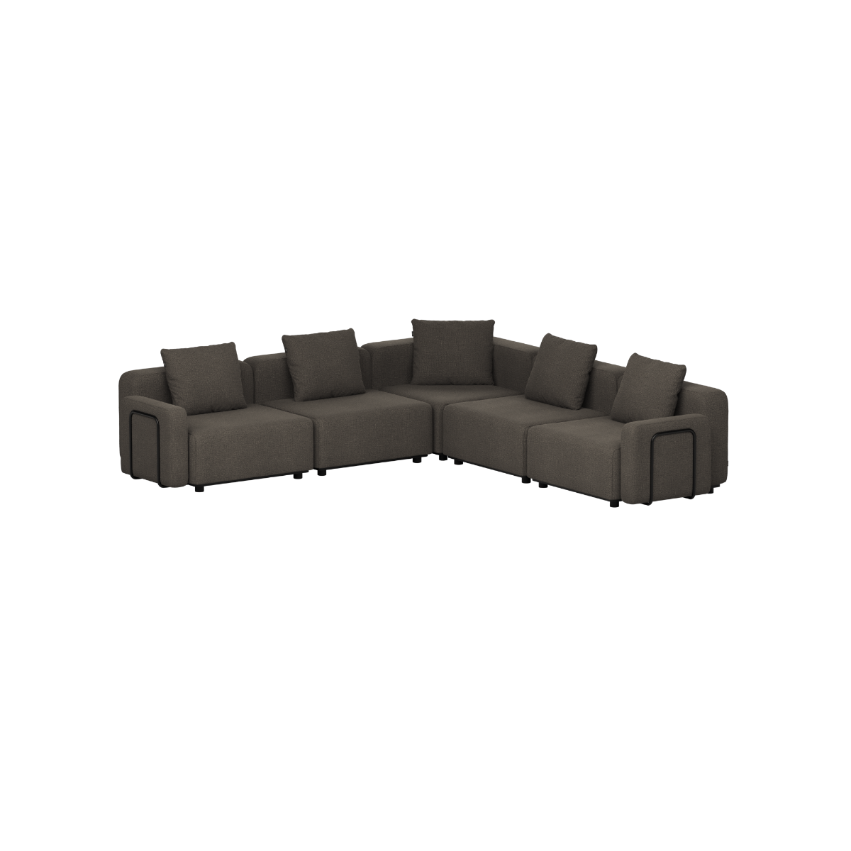 Dark gray modular five seater corner sofa with cushions for outdoor lounging designed in Denmark by sackit for Nordic weather