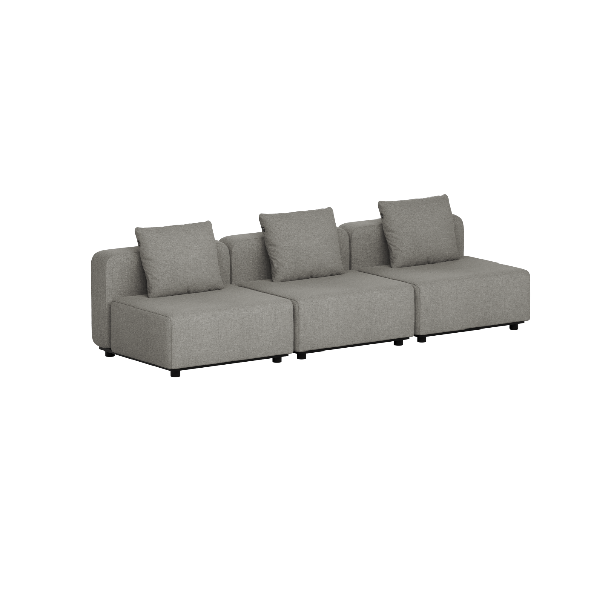 Gray three seat modular outdoor sofa with clean Scandinavian lines and three cushions by sackit for modern gardens and terraces