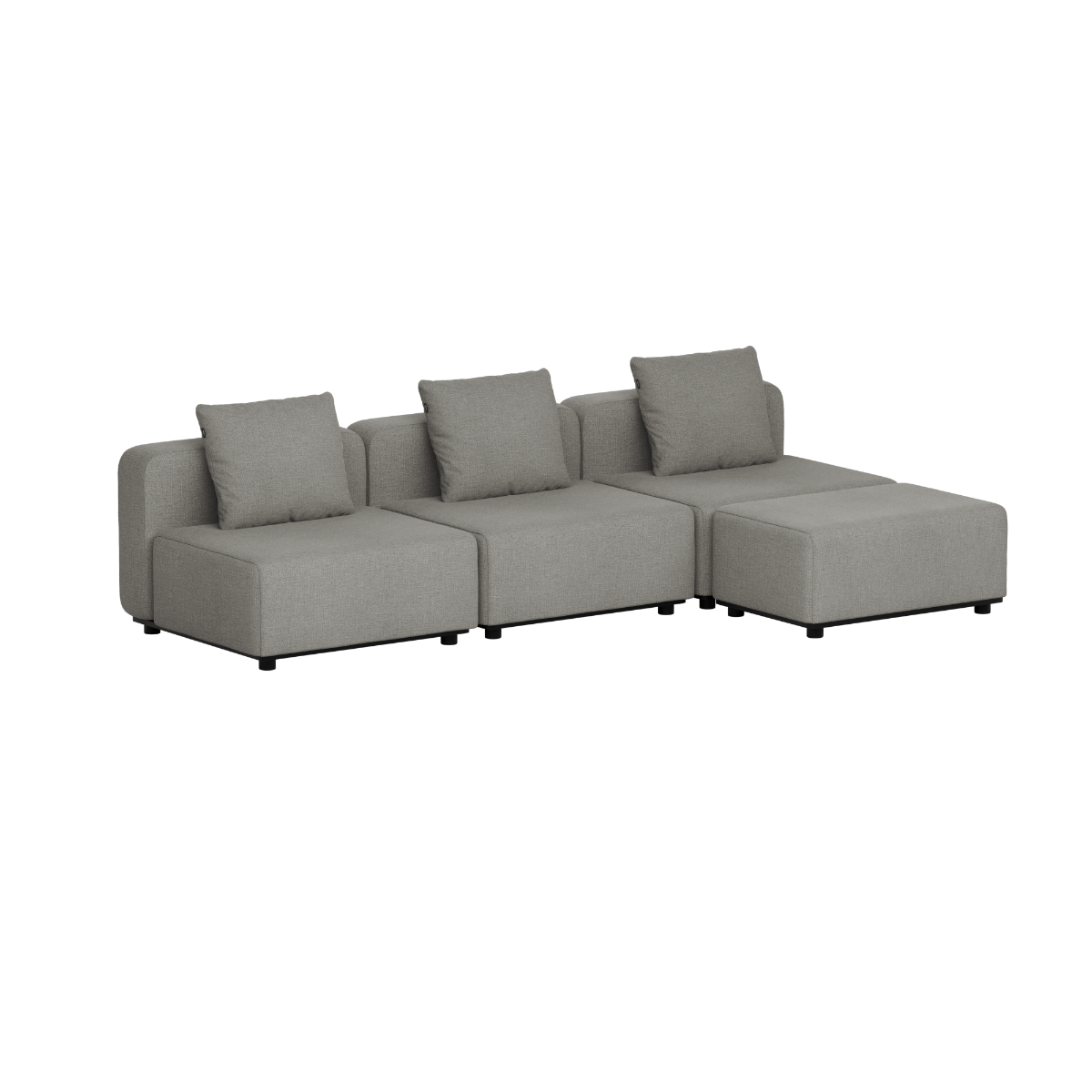 Grey three seat modular outdoor lounge sofa with three back cushions and clean Scandinavian lines by sackit for gardens and terraces