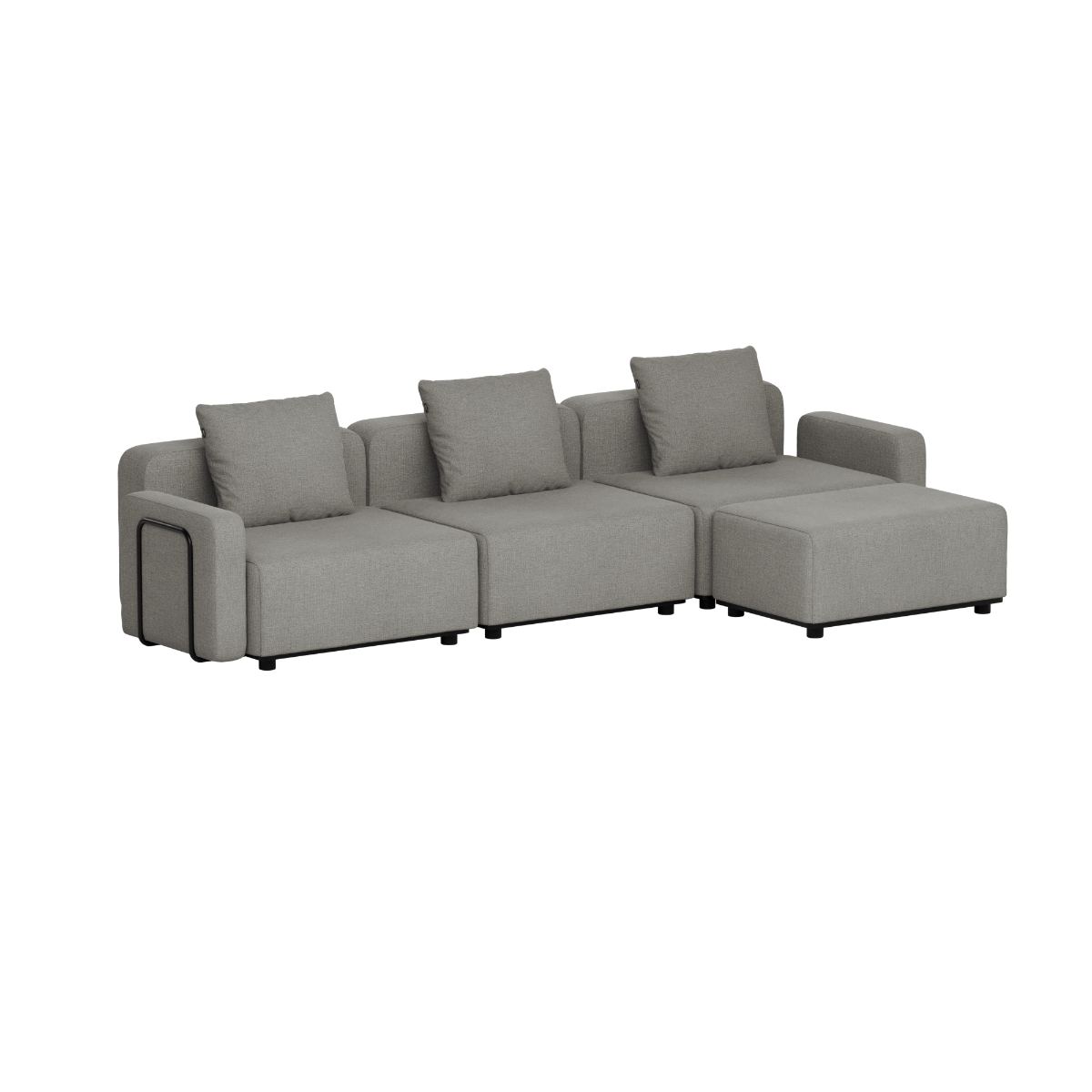 Gray modular outdoor sofa with three cushioned seats and chaise section in clean Scandinavian design by sackit