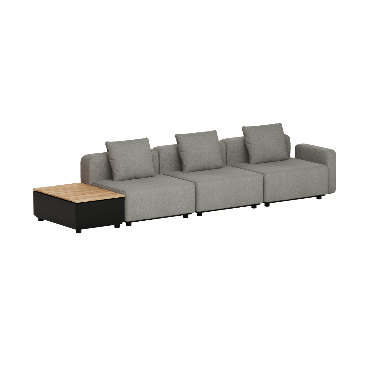 Gray three seat modular outdoor sofa with cushions and a teak patio storage table by sackit in a clean Scandinavian design