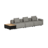 Gray three seat modular outdoor sofa with cushions and a teak patio storage table by sackit in a clean Scandinavian design