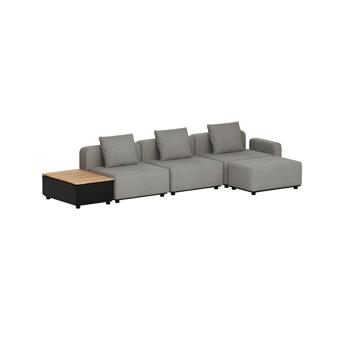 Grey modular outdoor lounge sofa with three seat sections chaise lounge and teak patio storage table designed in Denmark by sackit