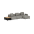 Grey modular outdoor lounge sofa with three seat sections chaise lounge and teak patio storage table designed in Denmark by sackit