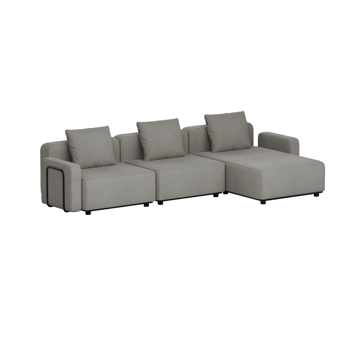 Grey three seat outdoor chaise lounge sofa with modular cushions and clean Scandinavian lines by sackit for weather resistant Nordic living spaces