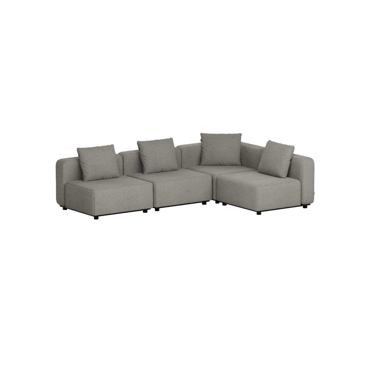Gray modular four seat corner sofa with clean Scandinavian lines and cushions for comfortable outdoor lounging