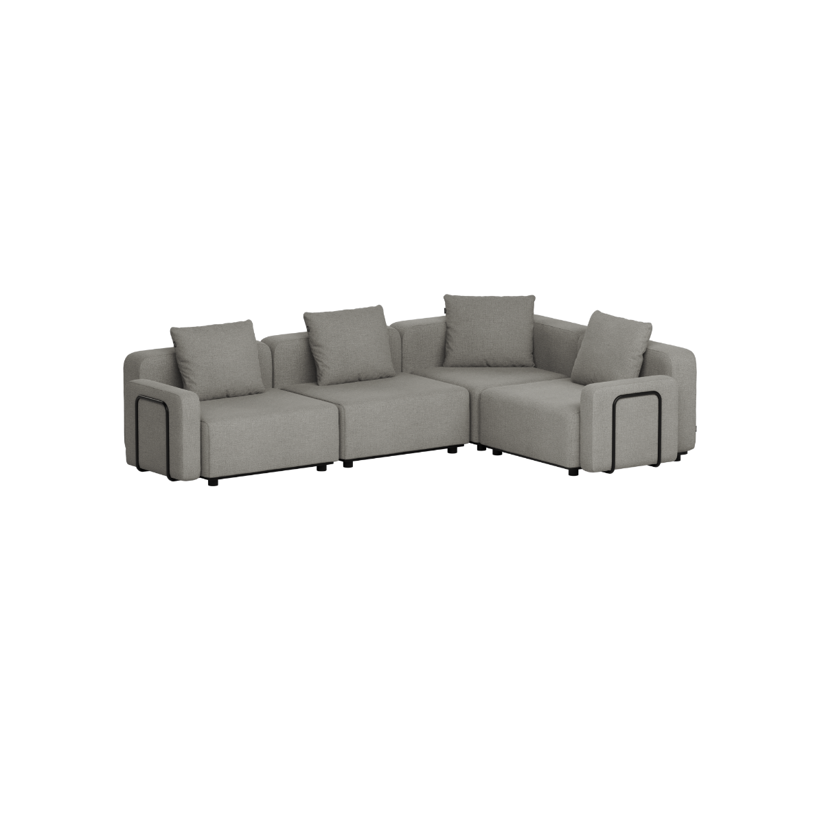 Gray four seat modular outdoor corner sofa with clean Scandinavian lines and soft cushions designed by sackit for comfortable garden and terrace lounging