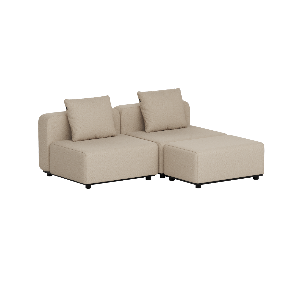 Beige modular outdoor lounge sofa with two connected seats and loose back cushions by sackit designed in Denmark for gardens and terraces