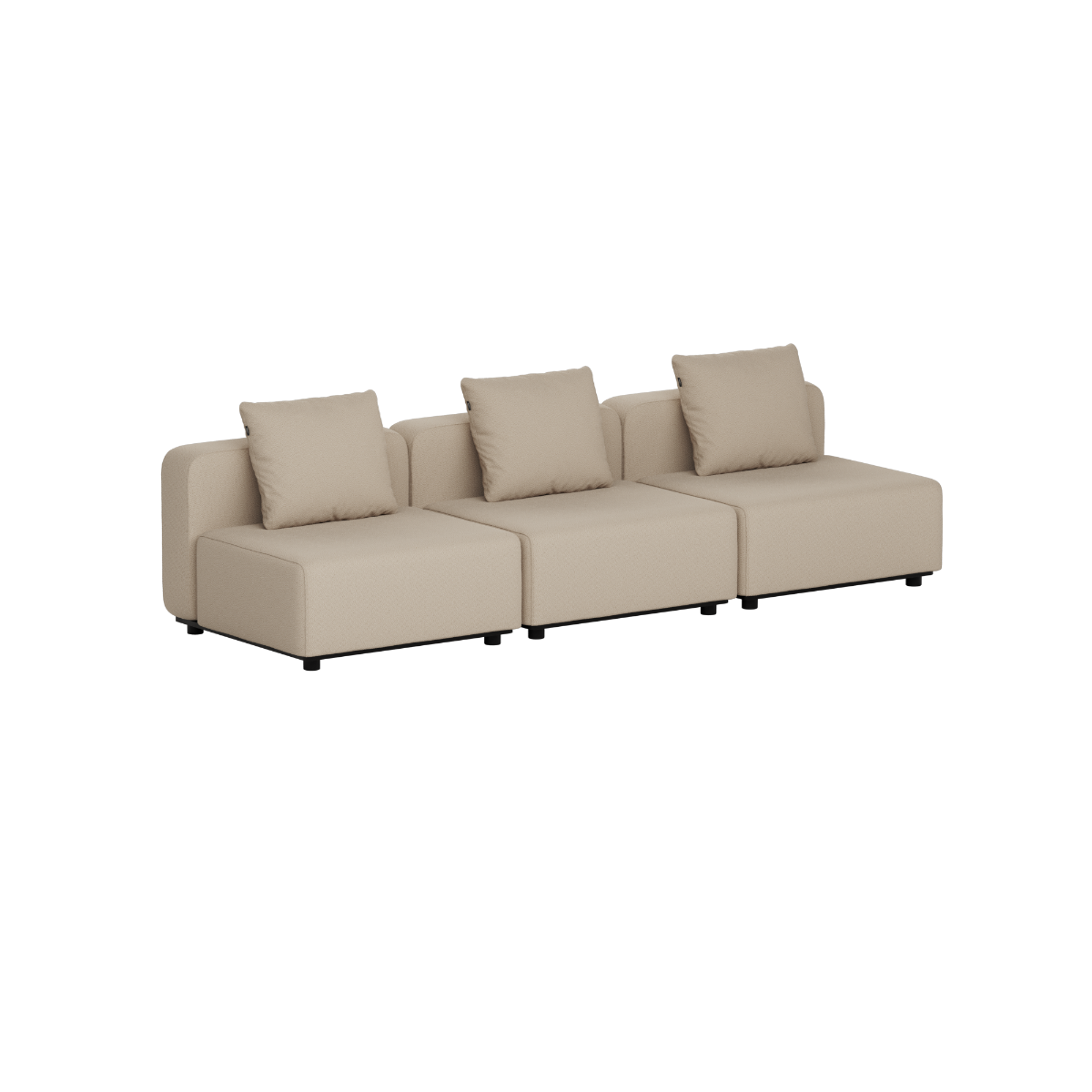 Beige three seat modular outdoor sofa with clean Scandinavian lines and three back cushions by sackit for gardens terraces and Nordic weather