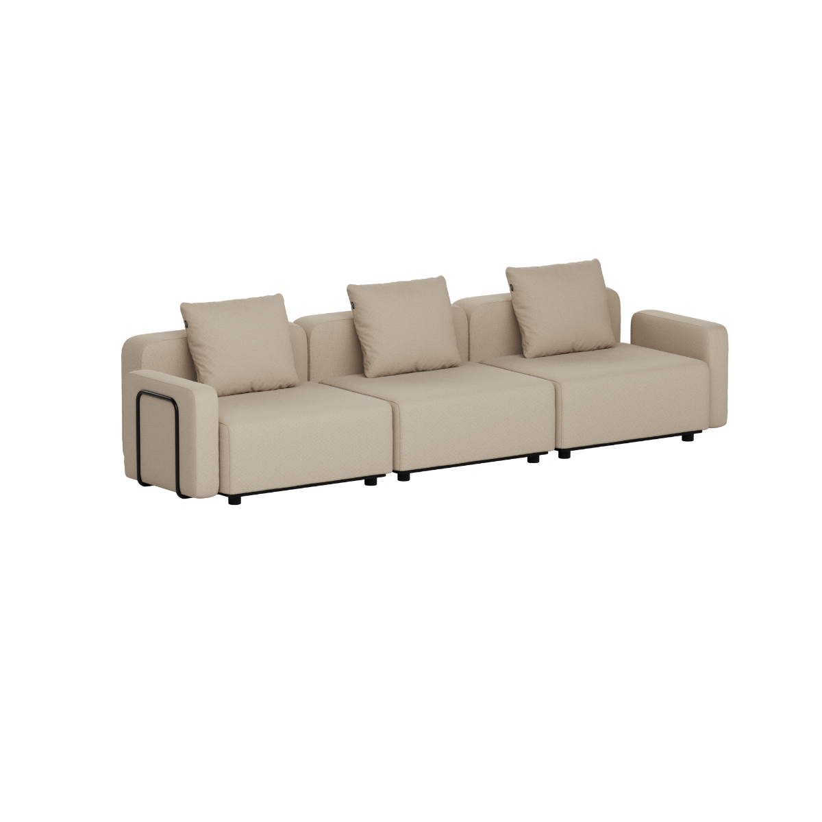 Beige three seat outdoor lounge sofa with three cushions and clean Scandinavian lines from sackit designed for comfortable garden and terrace seating