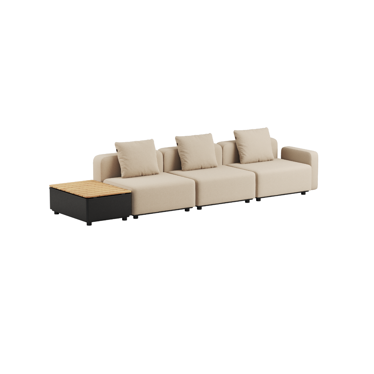 Boucle Beige Cobana Lounge Sofa 3-seater with armrest, pouf, and patio storage table in outdoor setting