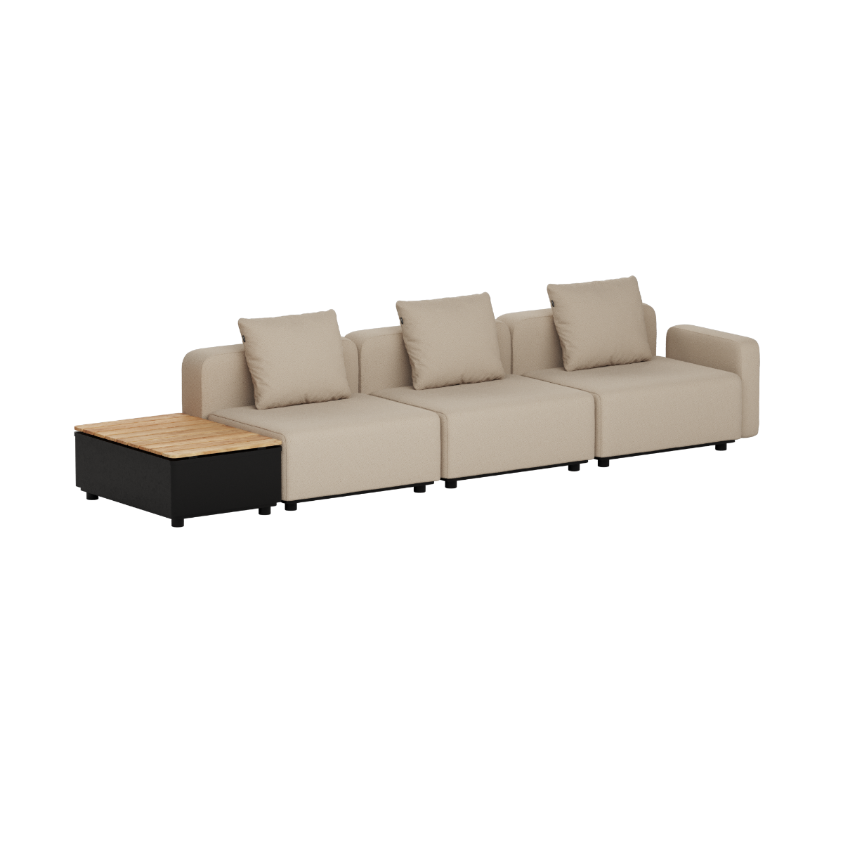 Beige three seat modular outdoor lounge sofa with plush cushions and adjoining teak patio storage table from sackit Europe