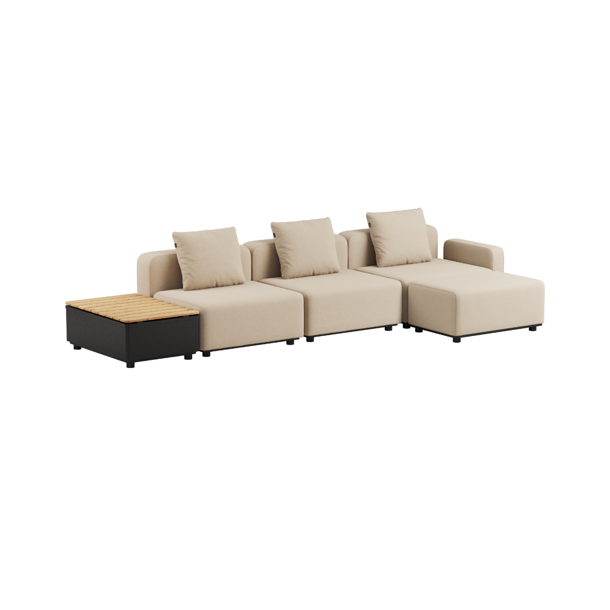 Boucle Beige Cobana Lounge Sofa 3-seater with armrest, pouf, and patio storage table in outdoor setting
