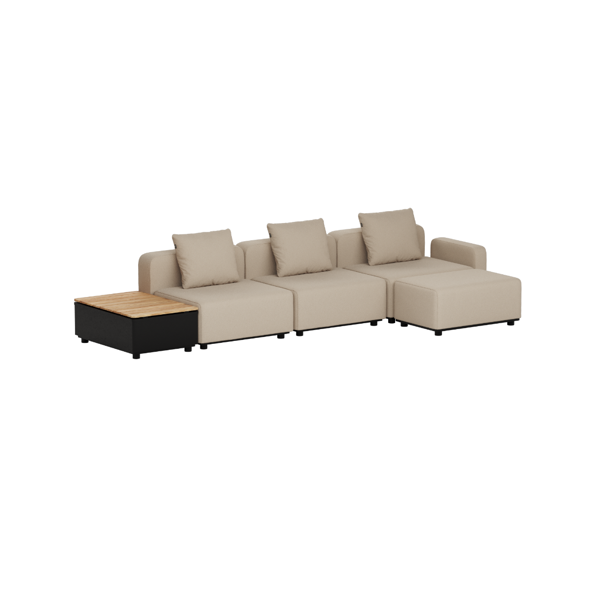 sackit Cobana outdoor three seat lounge sofa with beige cushions and integrated wooden patio storage table in clean Scandinavian design