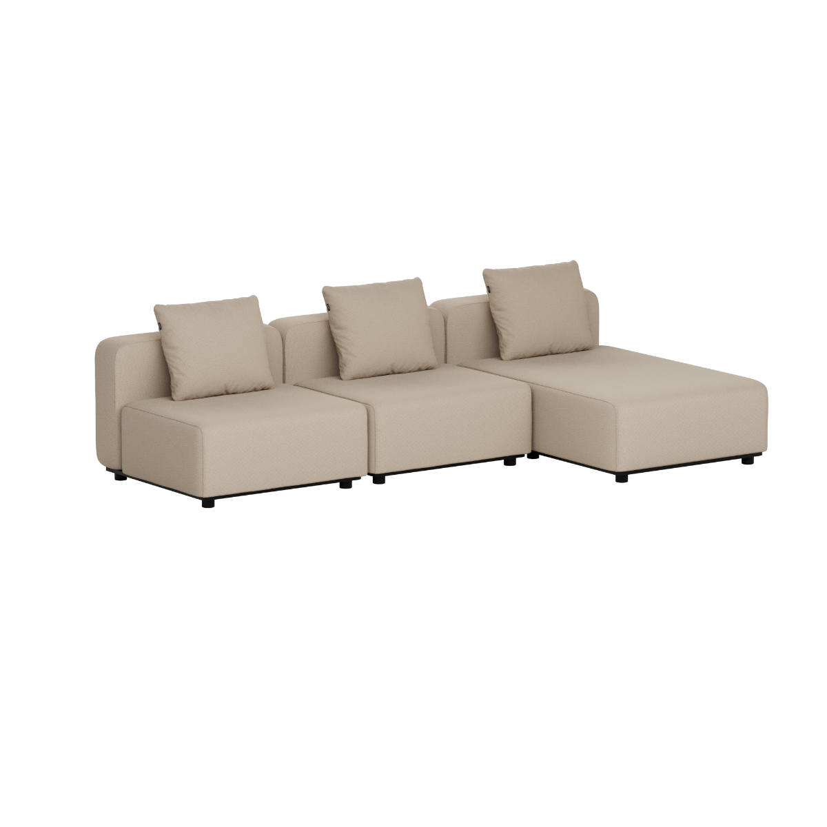sackit Cobana three seat chaise lounge sofa in beige with three back cushions and modular sections for Scandinavian outdoor lounging