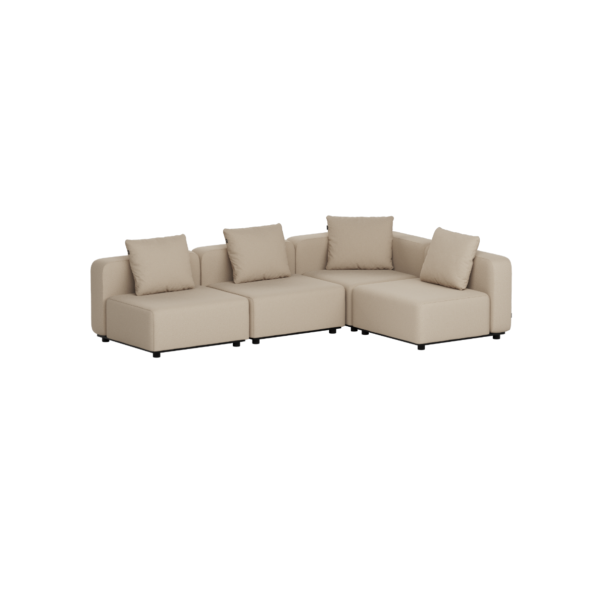 Beige four seat modular corner sofa with five cushions and clean Scandinavian lines for stylish outdoor lounging by sackit