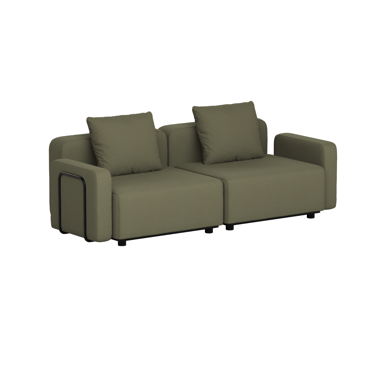 sackit olive green two seater modular outdoor lounge sofa with plush cushions and clean Scandinavian lines designed in Denmark