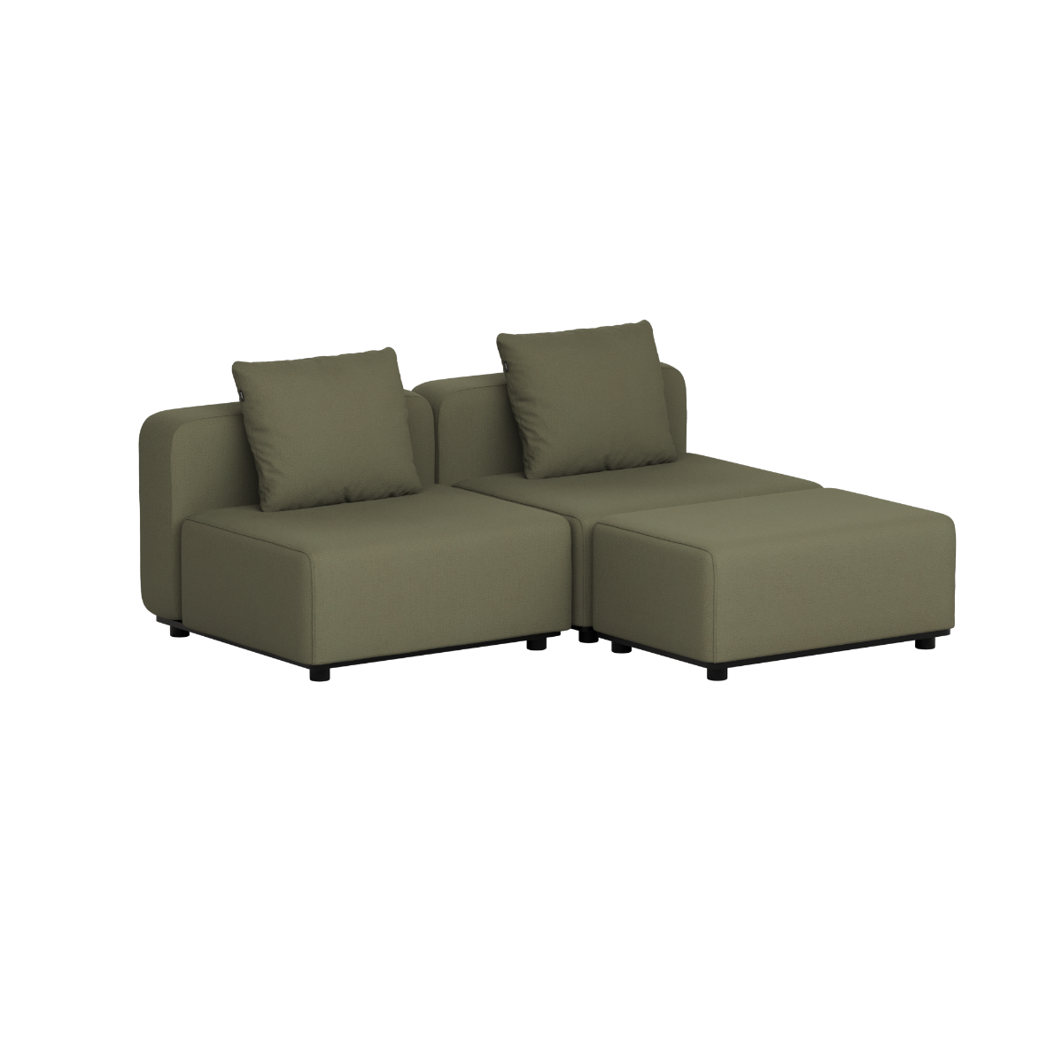 Olive green modular outdoor lounge sofa with two cushioned seats and back pillows in clean Scandinavian style by sackit