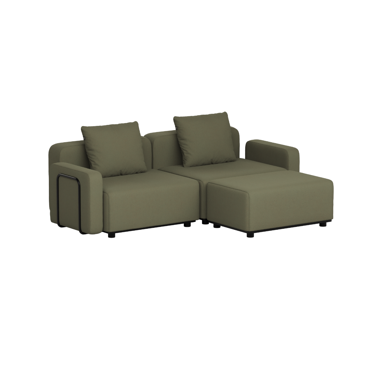 Olive green sackit Cobana outdoor lounge sofa with two cushioned seats and back pillows in a modular corner design