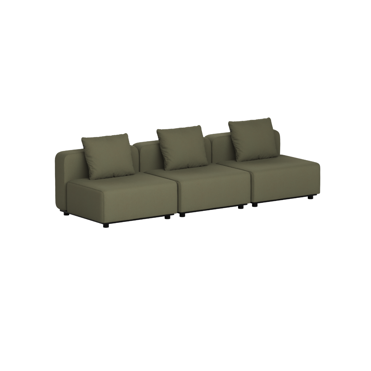 Olive green three seat modular outdoor sofa with three back cushions and clean Scandinavian lines by sackit