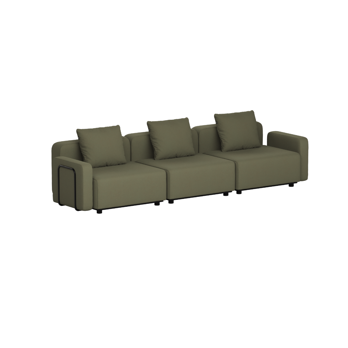 Olive green three seat outdoor lounge sofa with three cushions and clean Scandinavian lines by sackit for gardens and terraces